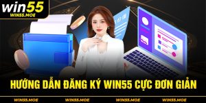 Ảnh quảng cáo Win55.moe hướng dẫn đăng ký với hình ảnh cô gái xinh đẹp, máy in, giấy tờ và laptop.